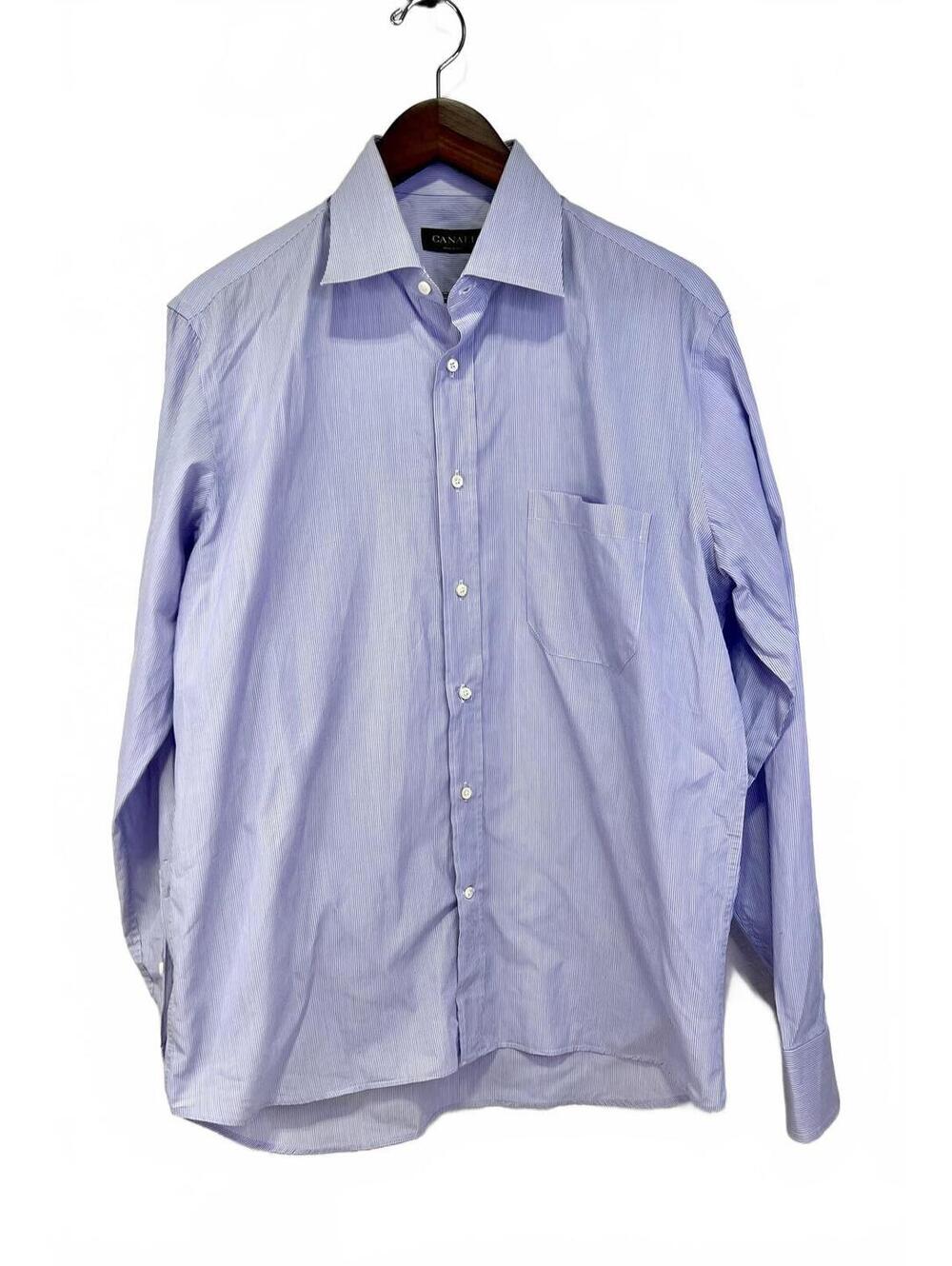 Canali Men's Light Blue Striped Button-Up Dress Shirt Size 41/16
